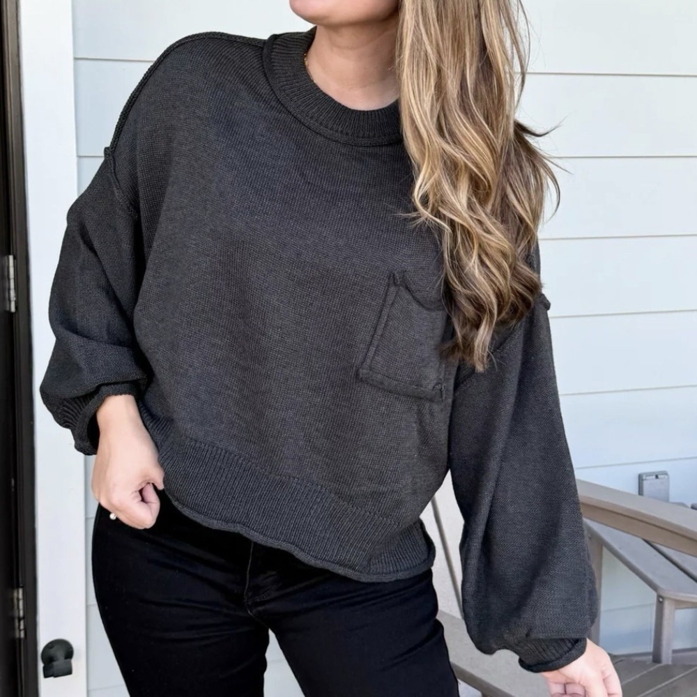 POL Anthropologie Oversized Slouchy Pocket Sweater Black Raw Rolling Edge Medium - Picture 2 of 11